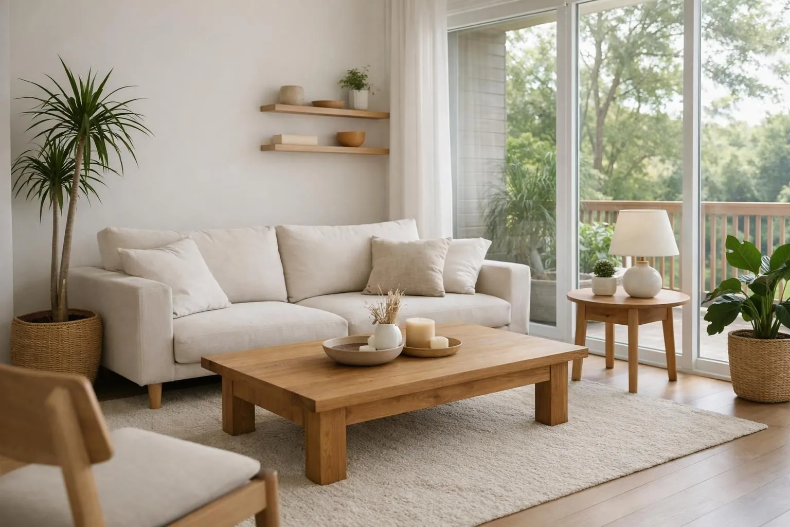 Modern Airbnb living room showcasing Japandi home staging with neutral beige sofa, natural wood coffee table, potted plants, and soft natural lighting through large windows, photographed from a welcoming angle that highlights the inviting atmosphere and clean aesthetic