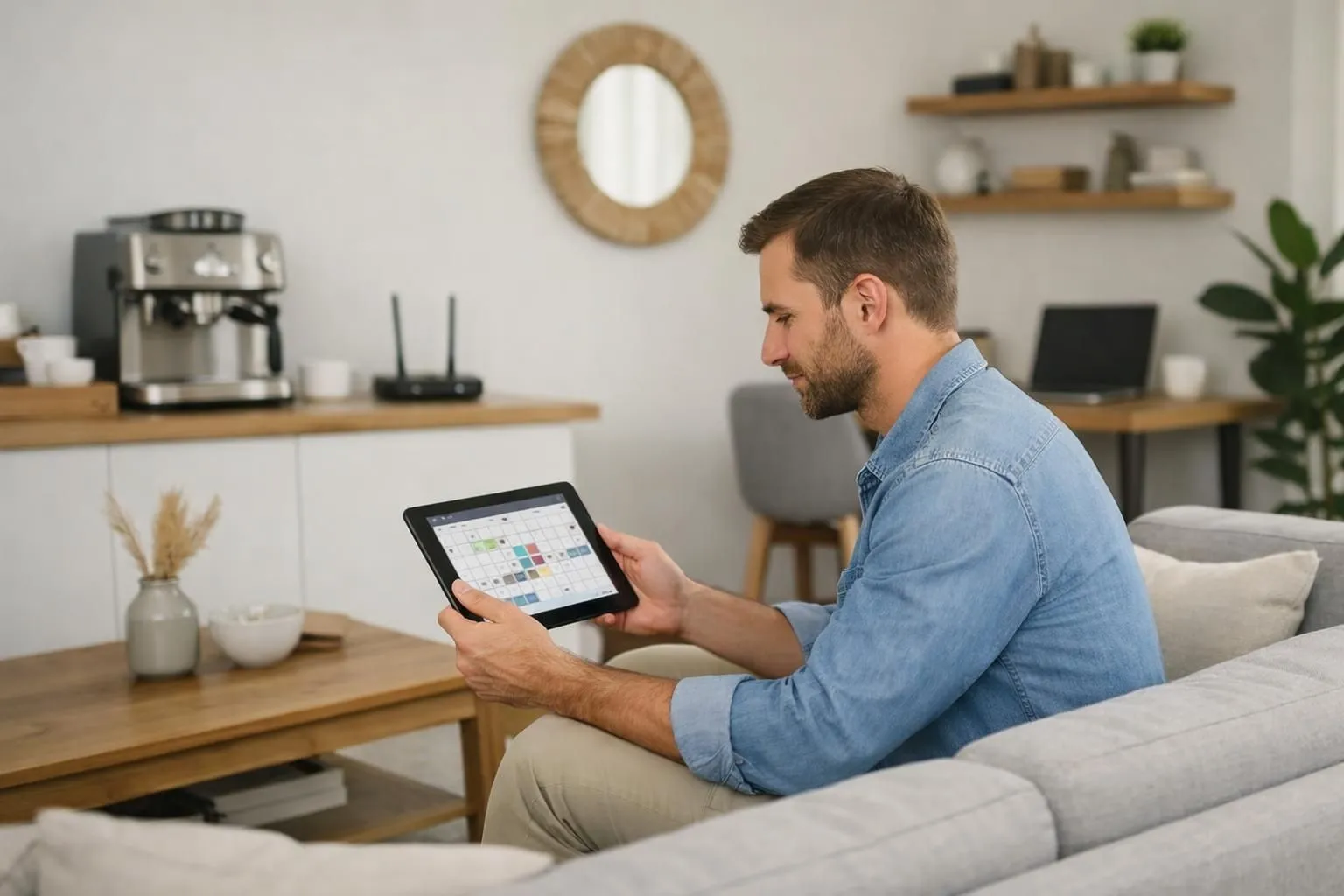 Modern Airbnb living room with property owner holding tablet showing booking calendar, visible quality amenities including coffee machine, fast WiFi router, comfortable seating, well-lit workspace with laptop, welcoming interior design