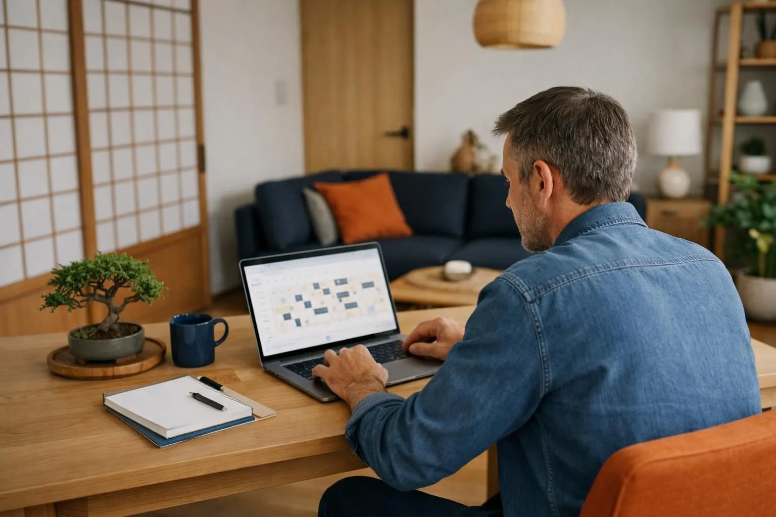 Property owner sitting at desk reviewing Airbnb booking calendar and analytics on laptop screen, with smartphone showing guest messages, in bright modern apartment interior with minimal Japanese-Scandinavian decor