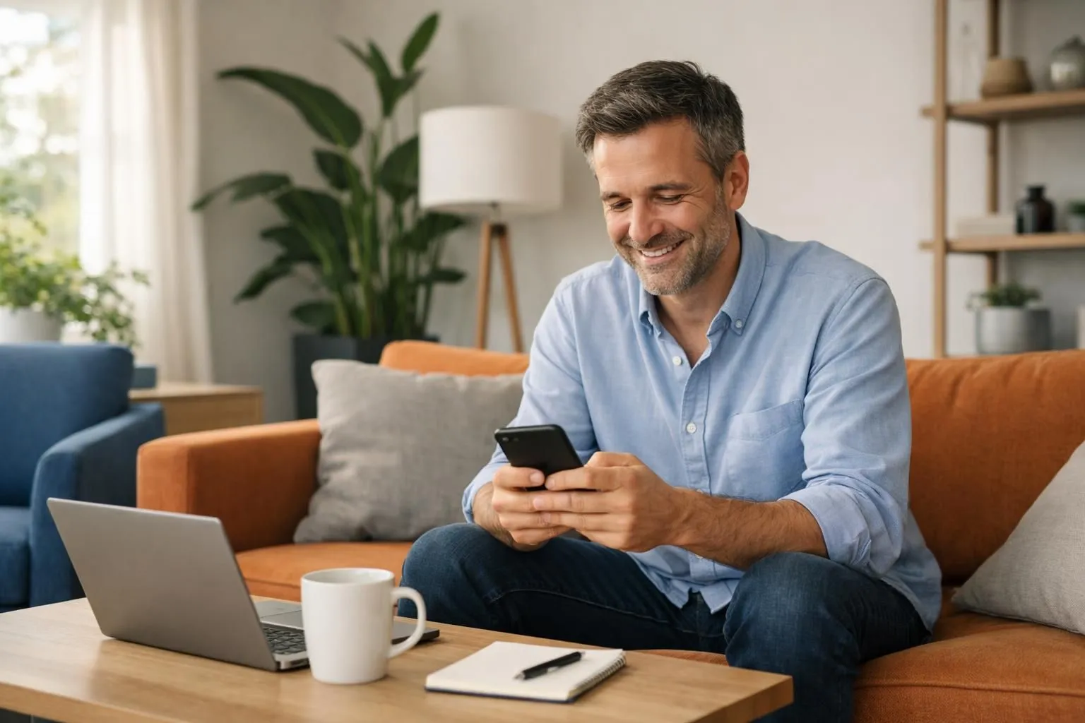Property owner smiling while typing response on laptop, cozy living room with plants and modern furniture, afternoon sunlight through window, professional yet relaxed atmosphere