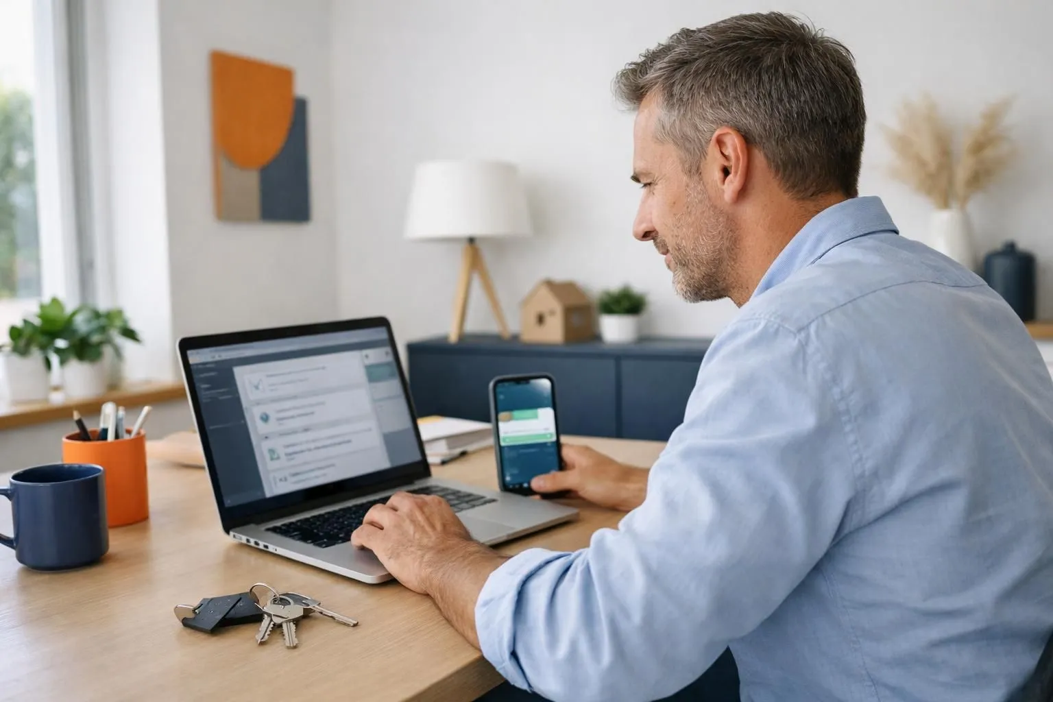 Professional property owner in modern home office reviewing automated Airbnb messages on laptop screen, smartphone showing booking notification beside vacation rental keys on desk, natural lighting, realistic photo