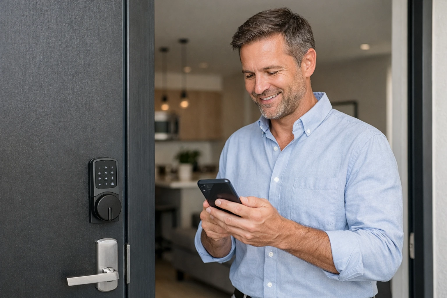 Satisfied Airbnb property owner checking smart lock access codes on smartphone while standing in front of modern apartment entrance with visible keyless entry system, natural lighting, professional setting showing successful rental property management