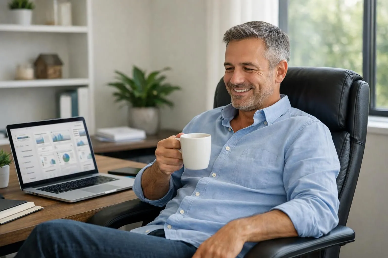 Property owner relaxing in comfortable home office chair with coffee, smiling while looking at laptop showing rental management dashboard, natural daylight, peaceful and stress-free atmosphere, modern workspace, no text visible on screen