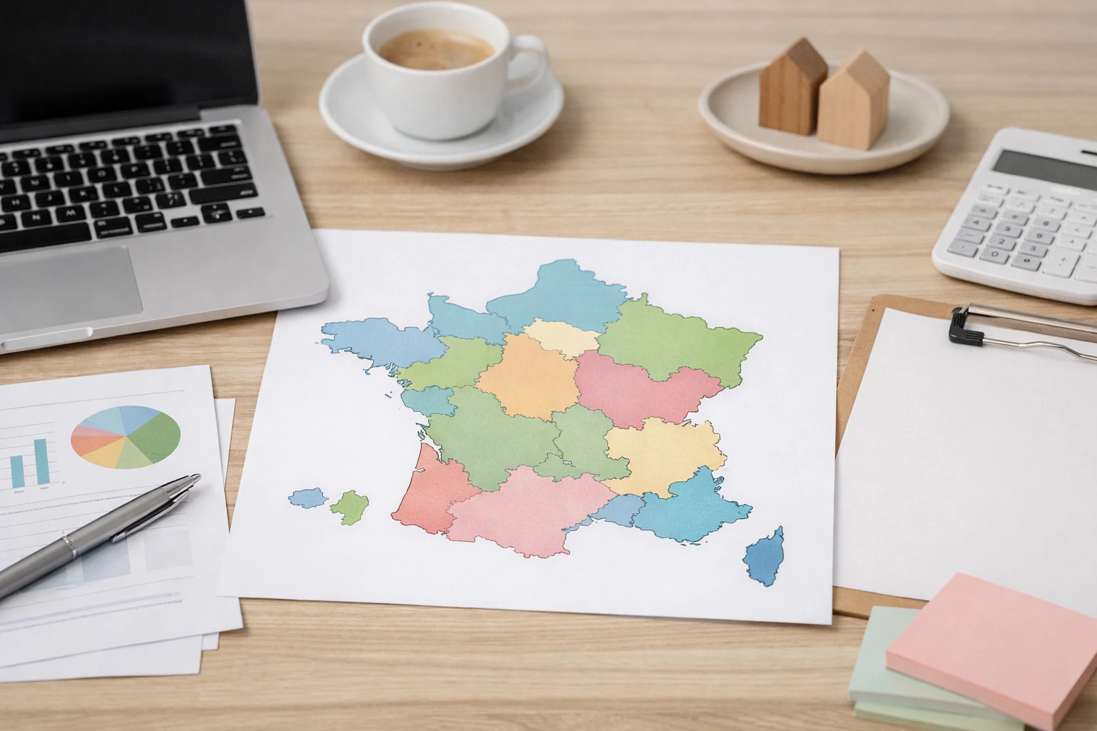 Modern laptop displaying rental market analytics dashboard with French map showing tourist zones, alongside property documents and financial charts on wooden desk