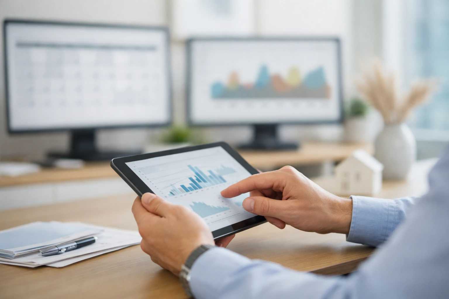 Split screen comparison showing a calendar interface with incorrect flat pricing year-round on left versus dynamic seasonal pricing on right, property manager analyzing data on tablet, warm office lighting, professional real estate setting