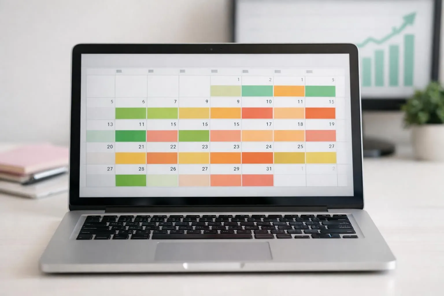 Modern laptop screen displaying a rental property calendar interface with color-coded pricing variations showing higher rates during peak periods and lower rates during off-season, with a graph trending upward in the background representing revenue growth for vacation rental management
