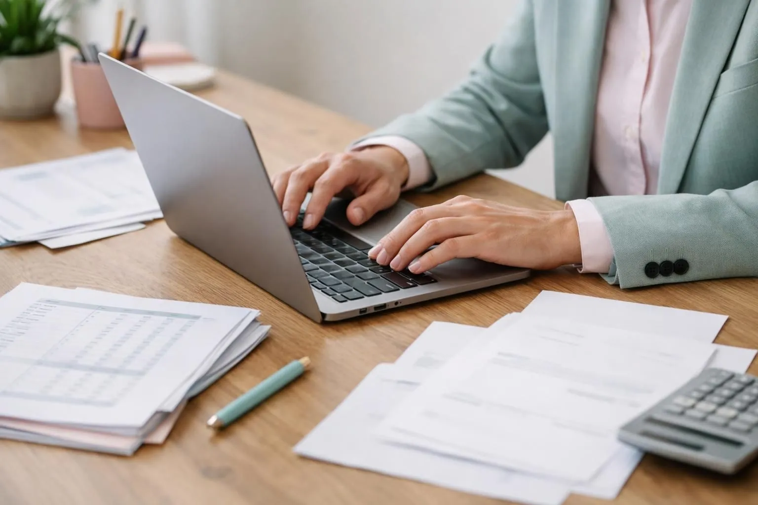 Modern laptop displaying rental income spreadsheet with calculator and expense receipts on wooden desk, clean natural lighting showing financial planning for short-term rental property