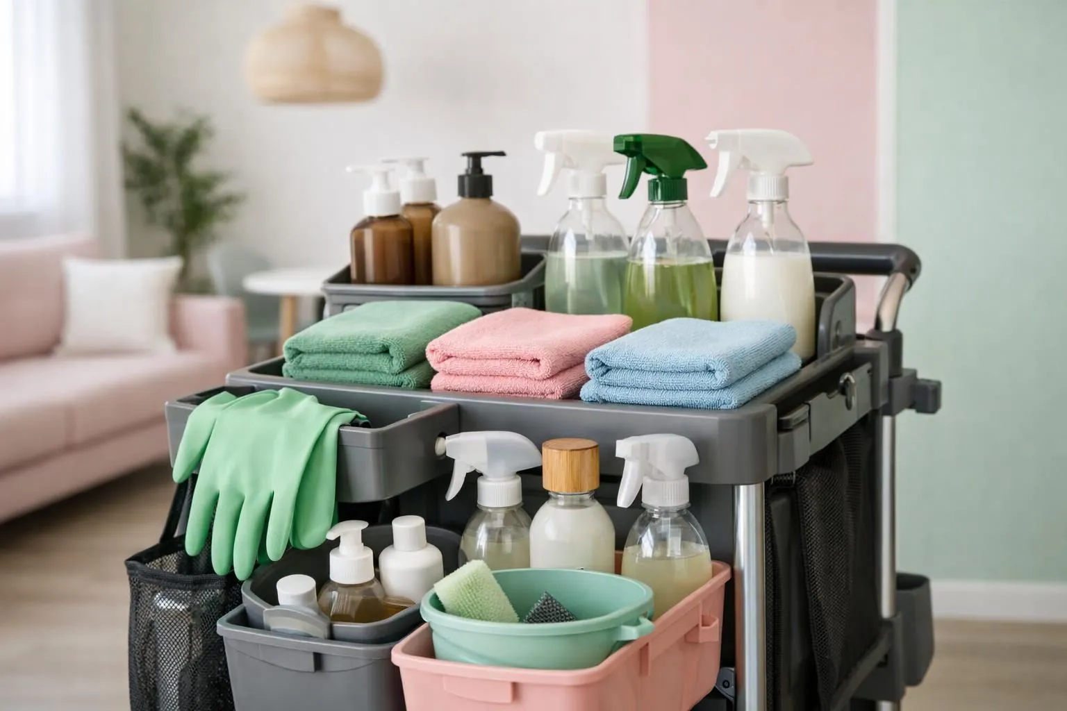 Professional cleaning cart with organized eco-friendly products, microfiber cloths, spray bottles, and rubber gloves in a modern vacation rental interior with natural light showing attention to detail and hospitality standards