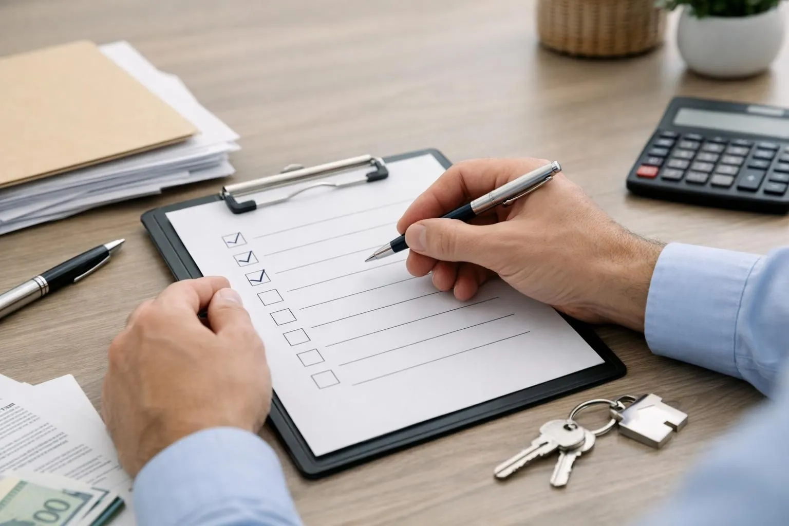 Hands checking items on a detailed property rental compliance checklist document, with keys and legal paperwork visible on a modern desk, realistic photo showing administrative preparation for vacation rental management