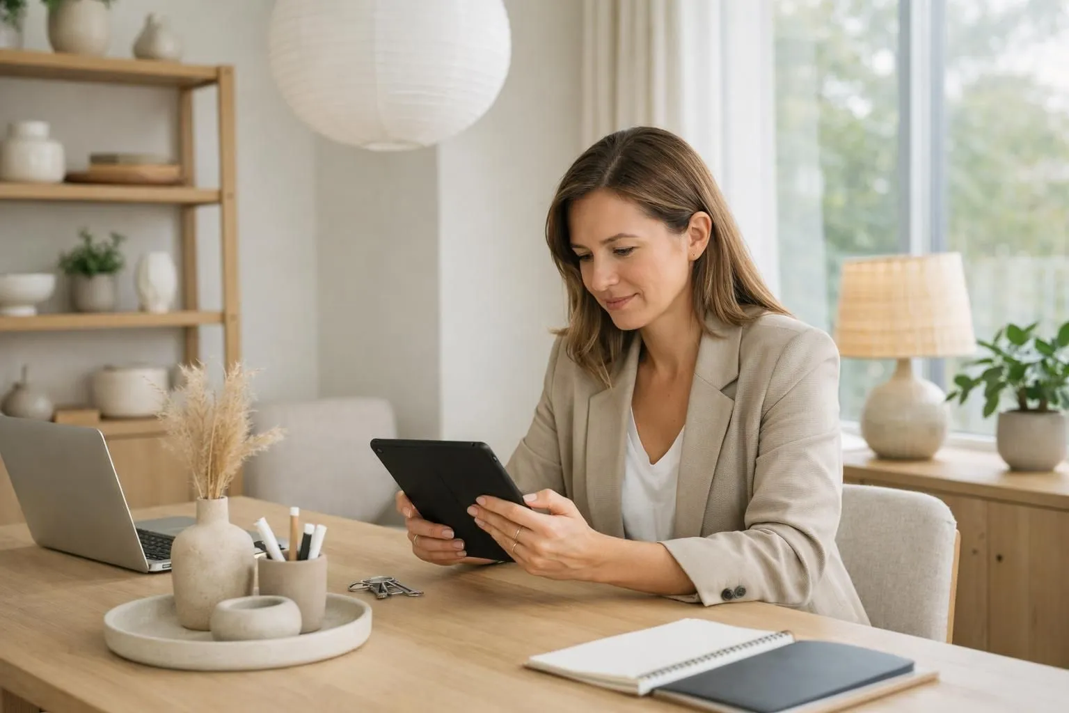 Property owner relaxing with coffee while reviewing positive Airbnb reviews and booking calendar on tablet, bright living room with Japandi-styled minimalist decor visible in background, natural daylight streaming through window
