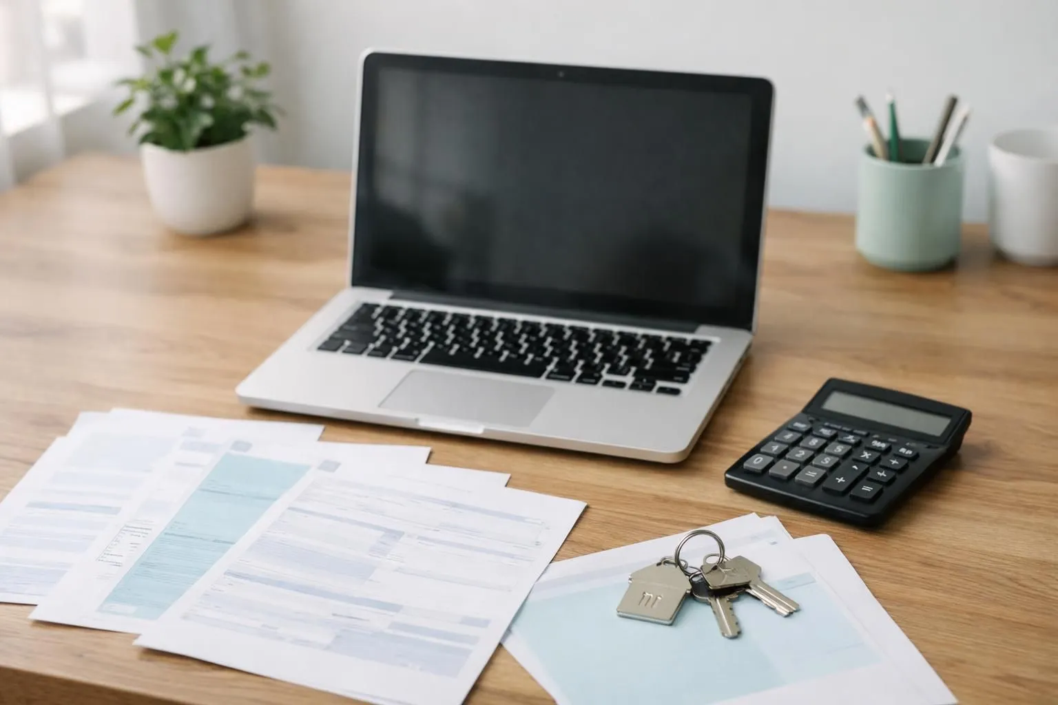 Modern laptop displaying rental income spreadsheet with calculator and French tax documents on wooden desk, coins and property keys visible, natural lighting creating professional atmosphere without any text or numbers visible on screen