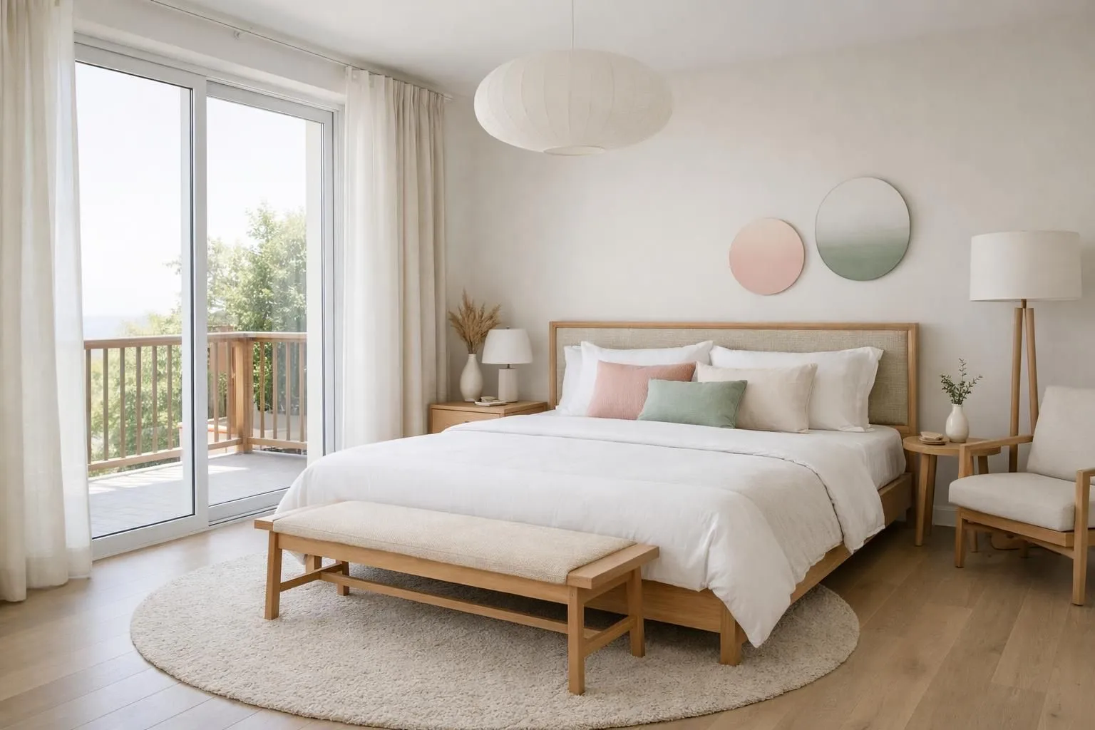 Modern vacation rental bedroom with natural light streaming through large windows, showcasing clean Japandi-style furniture, neutral tones, professional photography angle demonstrating high-quality listing presentation for short-term rental optimization