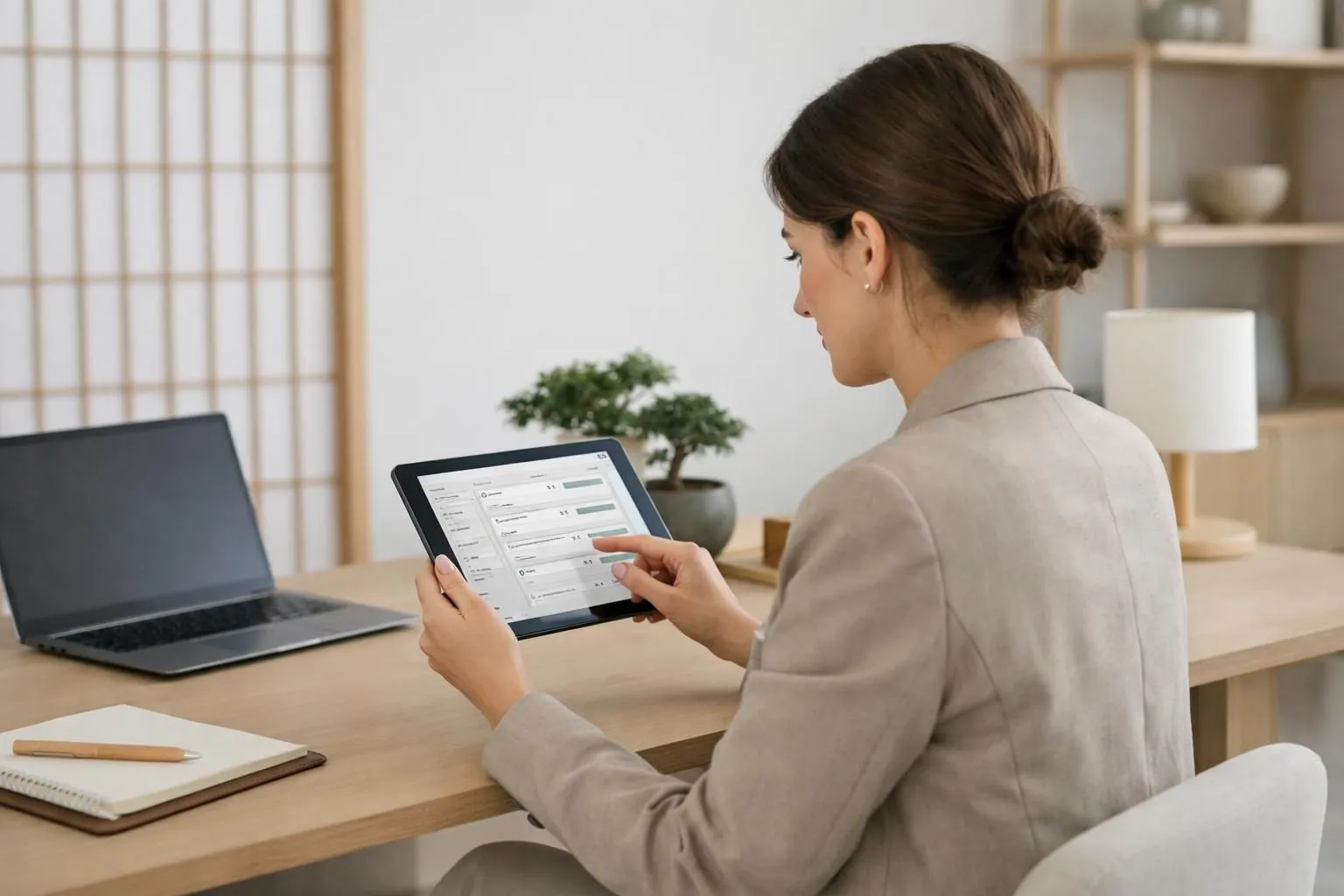 Conciergerie team member using tablet to manage automated Airbnb guest messaging system in modern minimalist office, clean Japanese-Scandinavian design with property dashboard visible on screen, professional hospitality setting