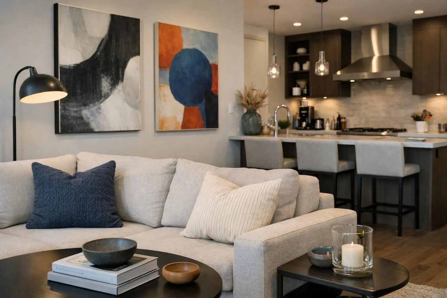 Modern French vacation rental living room with elegant designer furniture, contemporary artwork, high-end smart TV, and premium kitchen equipment visible in background, showing valuable items that need deposit protection