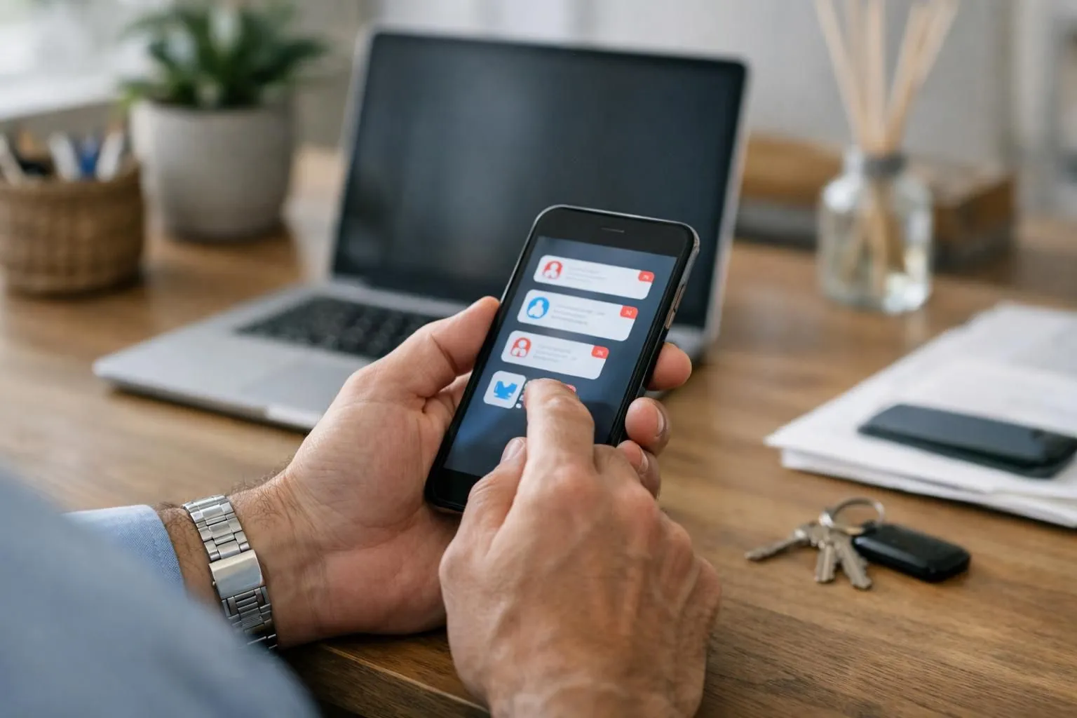 Professional host checking smartphone notifications showing Airbnb messages, modern home office setting with laptop and organized workspace, natural daylight, realistic photography style focused on responsive communication and property management