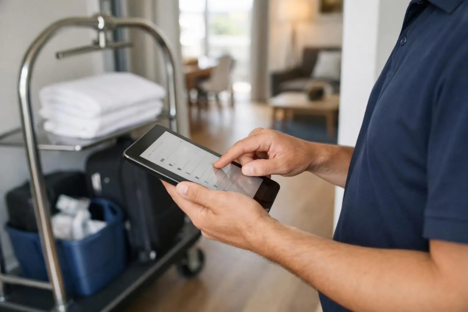Professional concierge service manager reviewing checklist on tablet while standing in modern Airbnb apartment entrance with luggage trolley, welcoming guests, daytime natural light