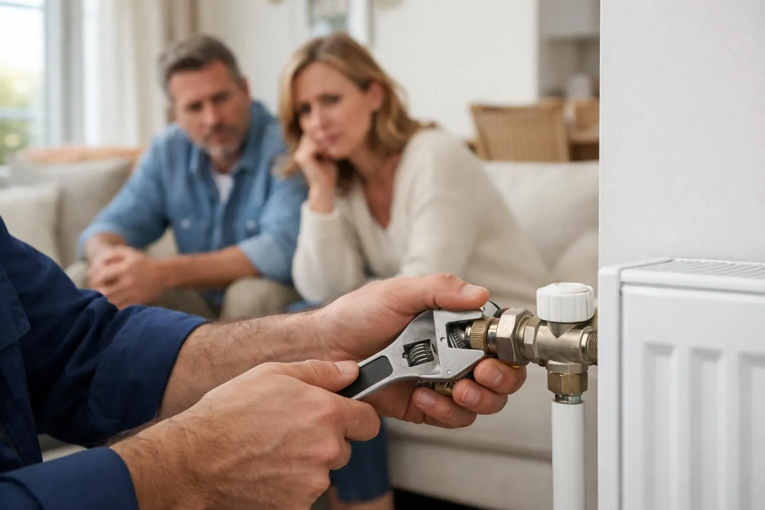 Professional plumber in blue work uniform crouching beside radiator with toolbox open, inspecting heating system in modern vacation rental living room with concerned property owner observing, bright natural lighting through windows