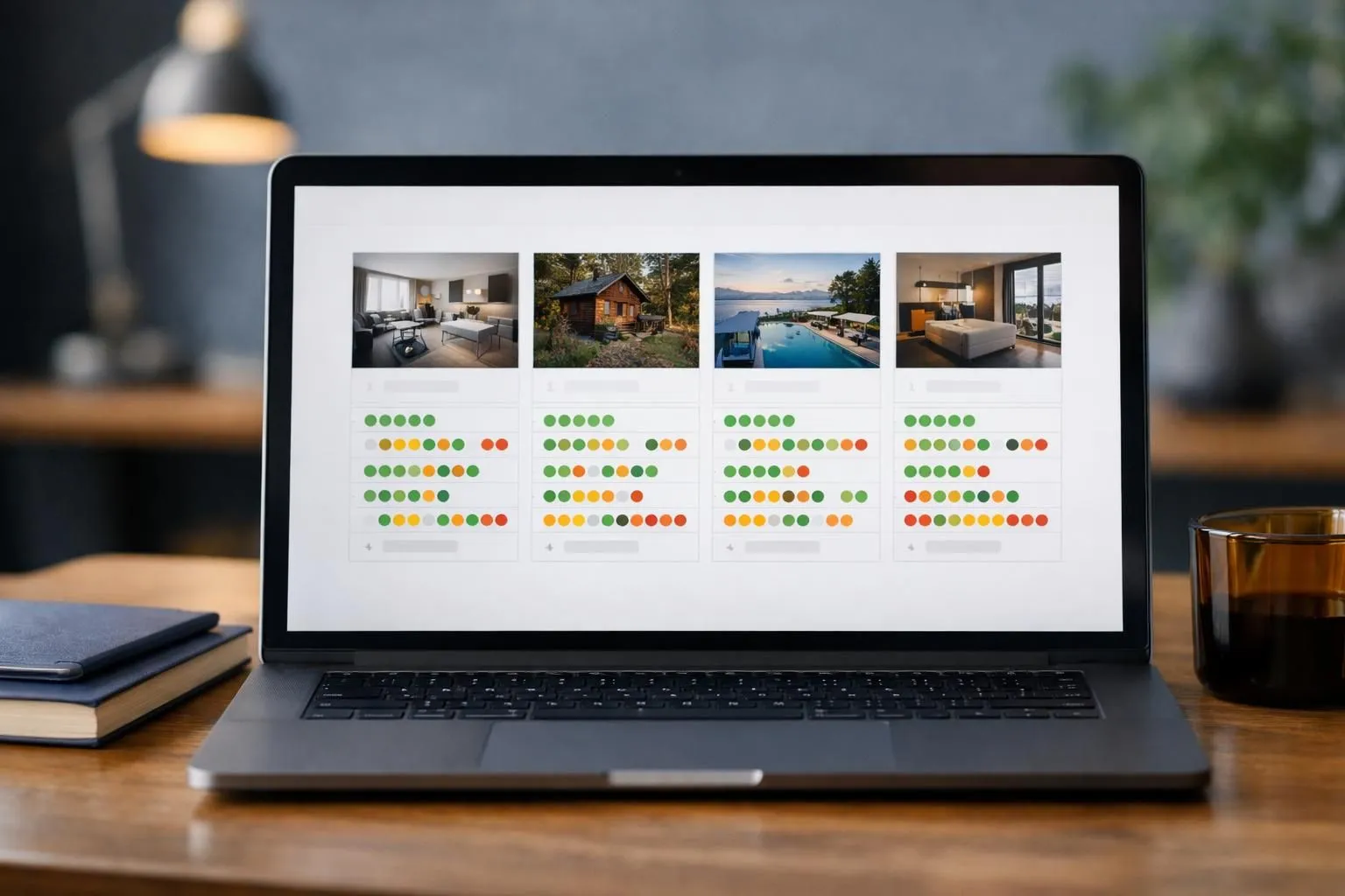 Modern laptop screen displaying interconnected calendar grids and booking platforms with synchronized data streams, sleek digital interface showing real-time property availability updates across multiple channels, clean professional workspace setting