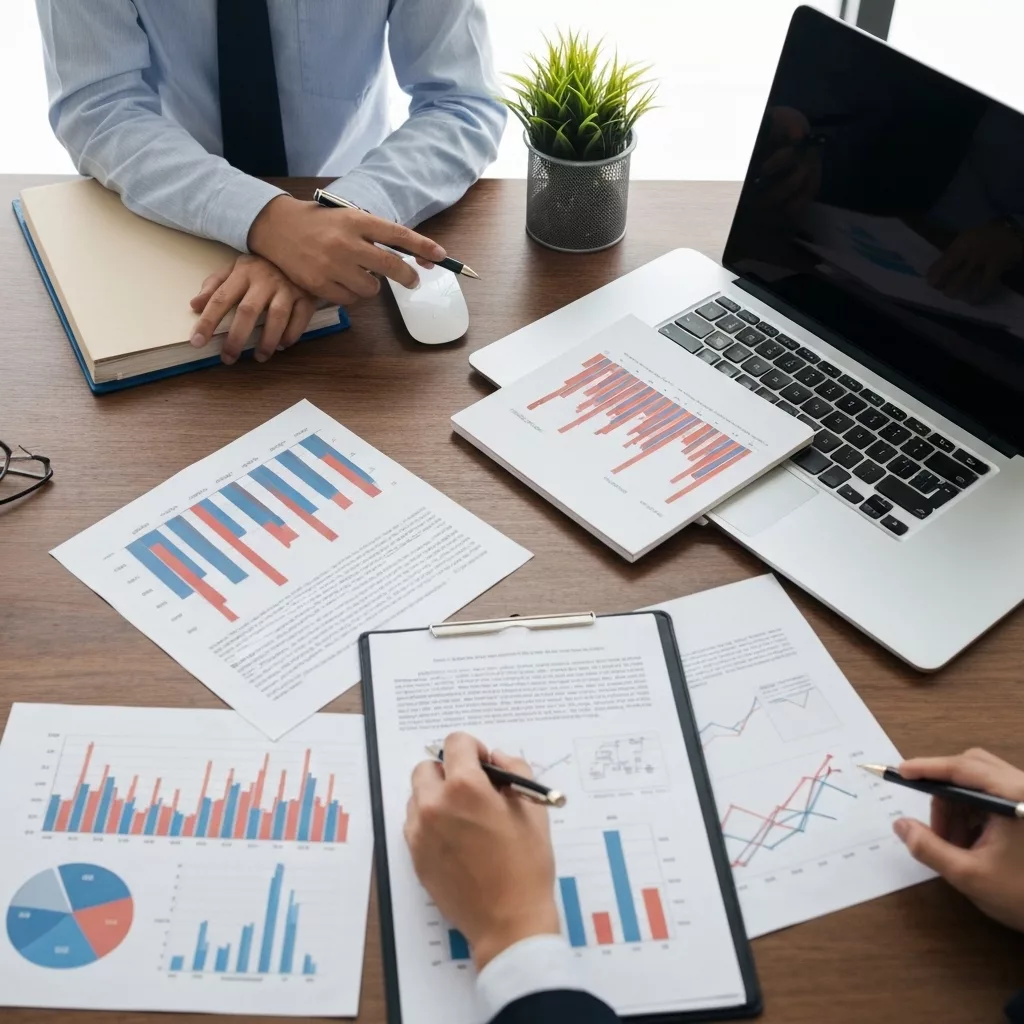 Professional property manager reviewing documents at modern desk with laptop and financial charts, bright office space with natural lighting