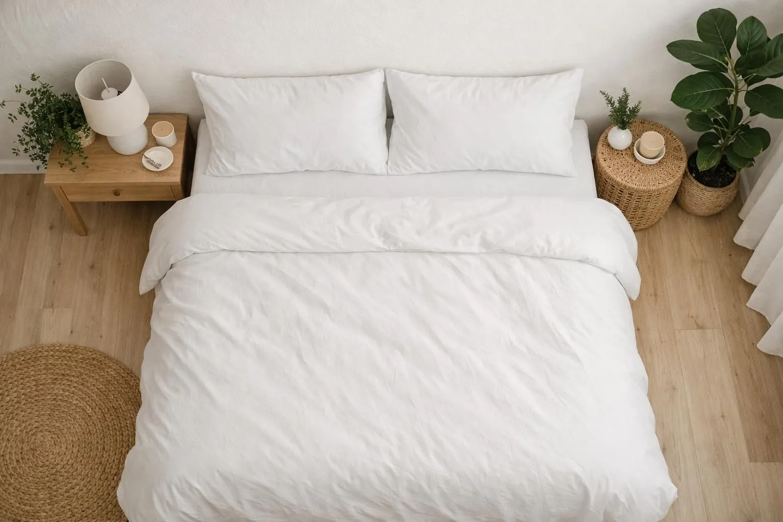 Intérieur de location saisonnière immaculé avec lit king-size aux draps blancs impeccables tendus parfaitement, coussins arrangés avec soin, table de nuit épurée avec lampe design minimaliste, lumière naturelle diffuse créant une ambiance apaisante, décoration style japandi avec bois clair et touches végétales discrètes, sols parfaitement propres