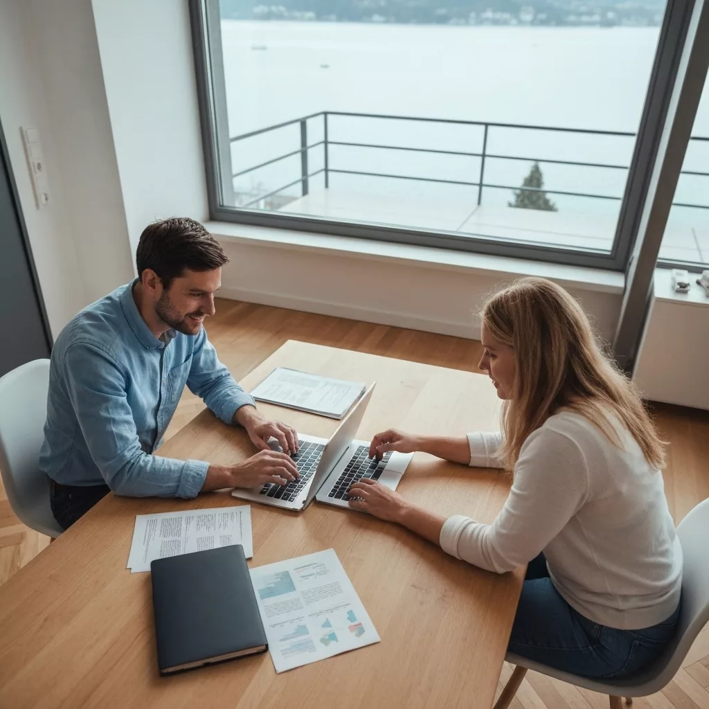 Couple de propriétaires d'âge moyen souriant en consultant un rapport de revenus locatifs sur un ordinateur portable dans un appartement genevois moderne avec vue sur le lac, ambiance chaleureuse et professionnelle, photographie réaliste