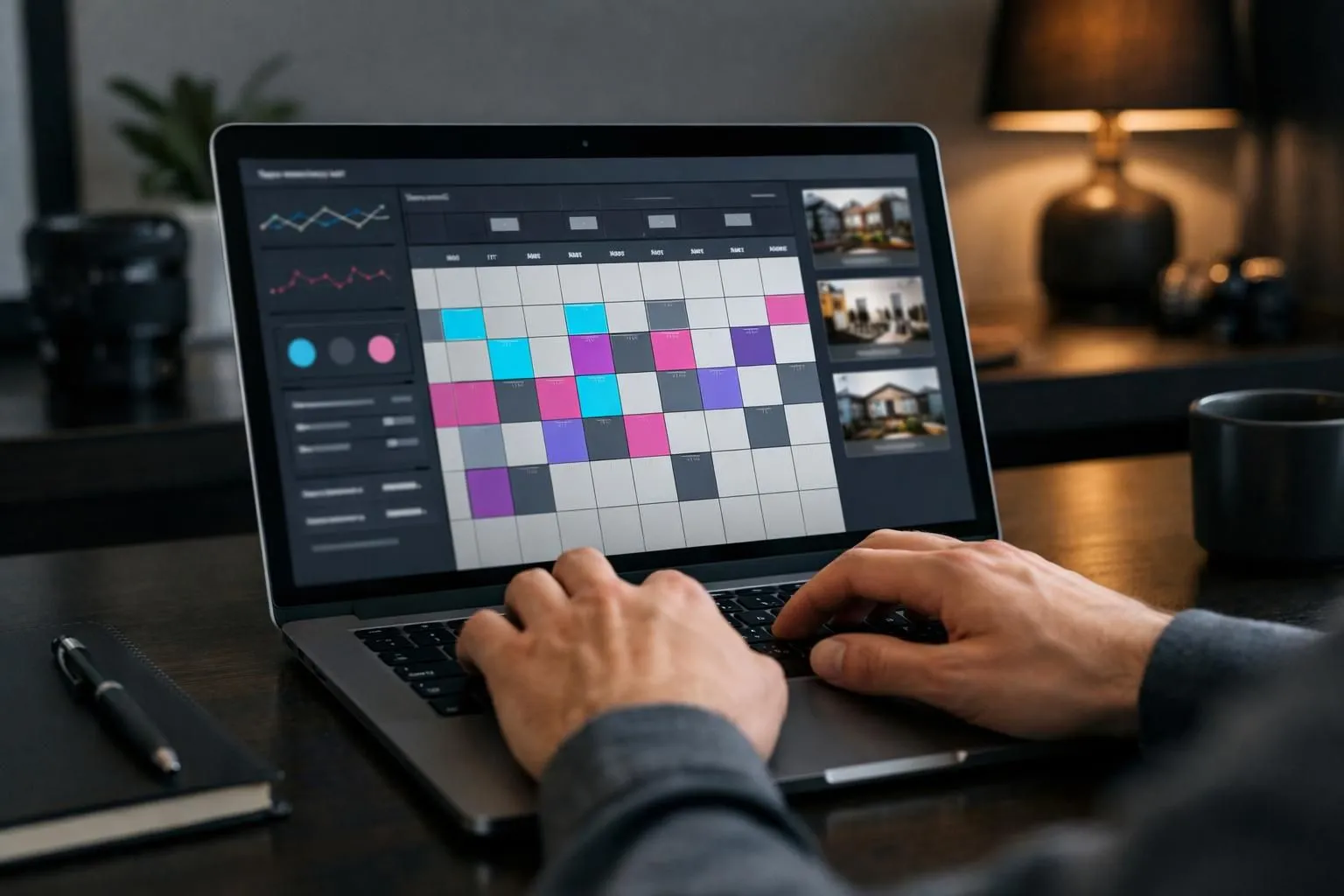 Close-up view of a laptop screen displaying a property management dashboard with a calendar grid showing dynamic pricing adjustments across different dates, with a person's hands typing on the keyboard in a modern home office setting