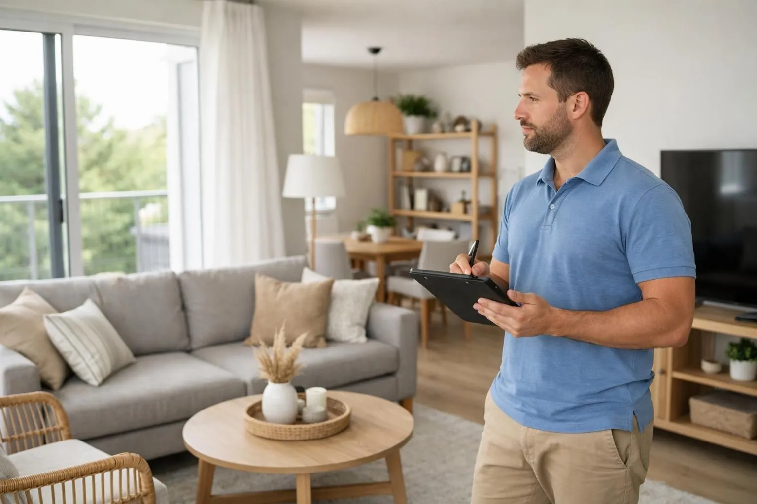 Professionnel de la conciergerie en vêtements décontractés tenant une tablette numérique lors d'une inspection détaillée d'une propriété de location saisonnière, vérifiant méthodiquement les équipements et prenant des notes dans un salon moderne et lumineux