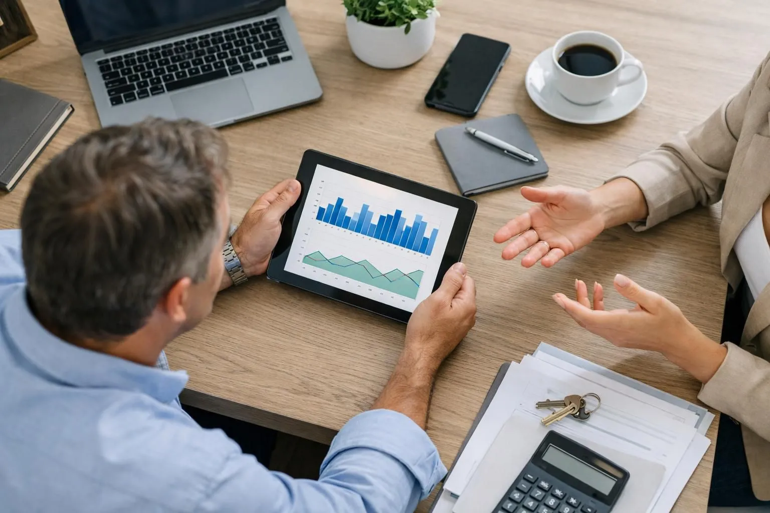 Professional meeting scene with property owner reviewing performance analytics on tablet showing rental occupancy graphs and revenue charts, transparent business discussion, modern office setting with natural light, realistic documentary style