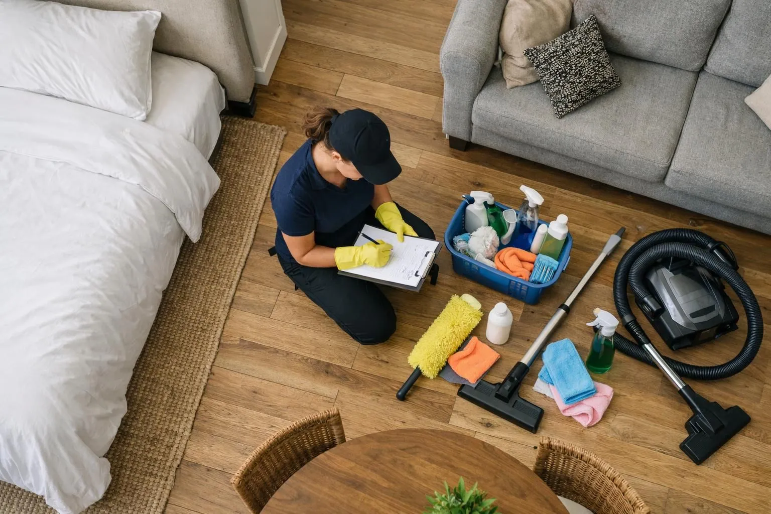 Professional cleaner checking detailed preparation list on clipboard in modern vacation rental interior, inspecting amenities and room setup with methodical attention, natural daylight from windows, organized cleaning supplies visible, realistic documentary style photograph