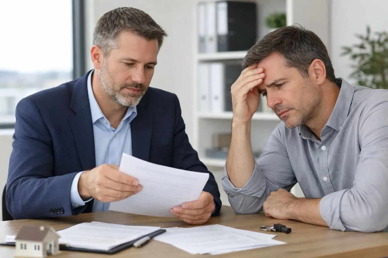 Professional property manager in modern office showing documents with concerned expression to client across desk, discussing legal compliance issues for short-term rental management, natural lighting, realistic business setting, worried faces examining paperwork, no text or signs visible