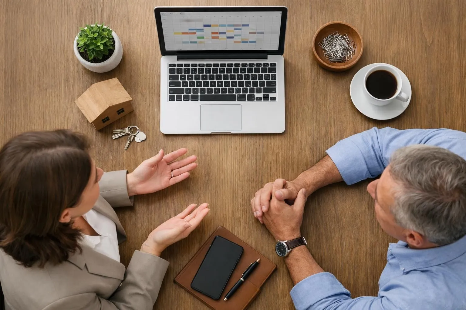 Property manager in modern office revealing hidden aspects of rental management to attentive homeowner across desk, laptop showing booking calendars, professional consultation atmosphere with concerned client expressions, realistic business photography style