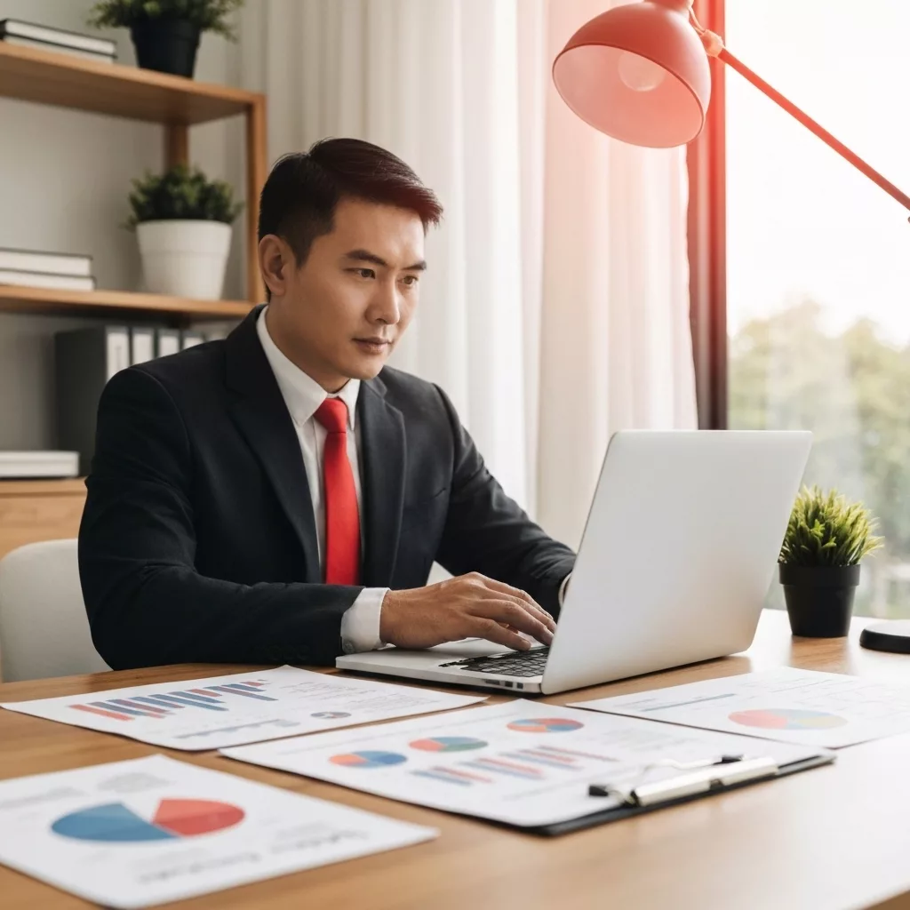 Business owner analyzing pricing strategy on laptop with calendar and seasonal charts visible on desk, modern home office environment with natural lighting