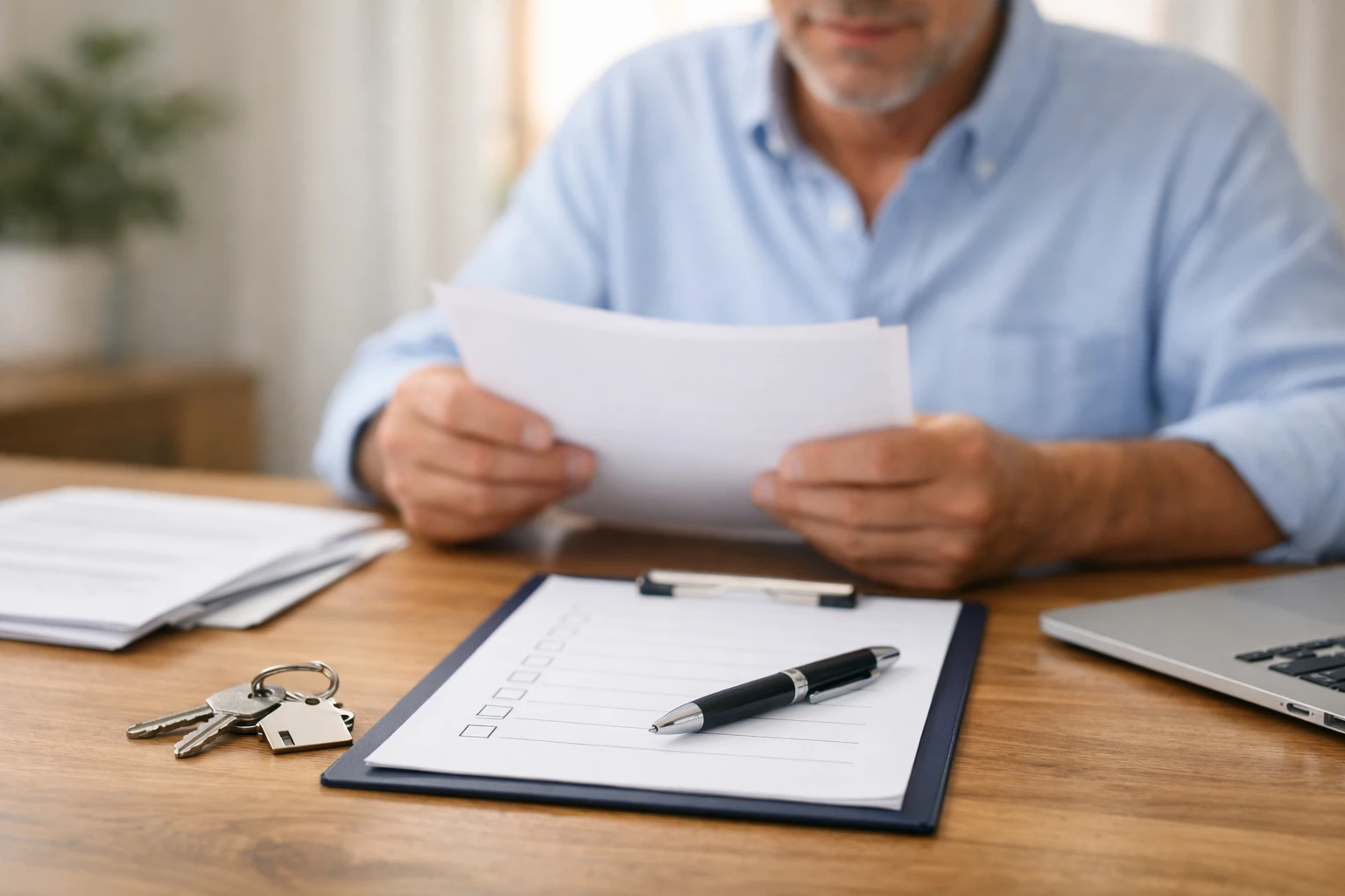 Close-up of property owner reviewing vacation rental contract documents with checklist and keys on wooden desk, professional setting with natural lighting, no text visible