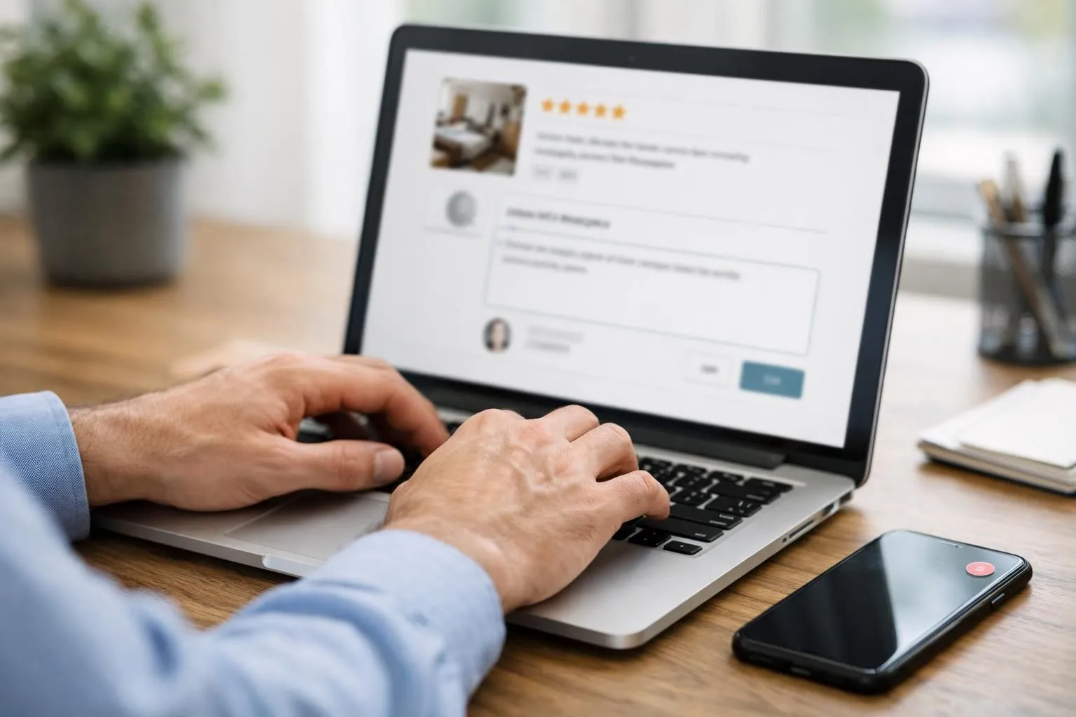 Close-up of hands typing professional response on laptop keyboard with Airbnb review interface visible on screen, modern bright home office environment, smartphone showing notification nearby, natural window light, real photography style