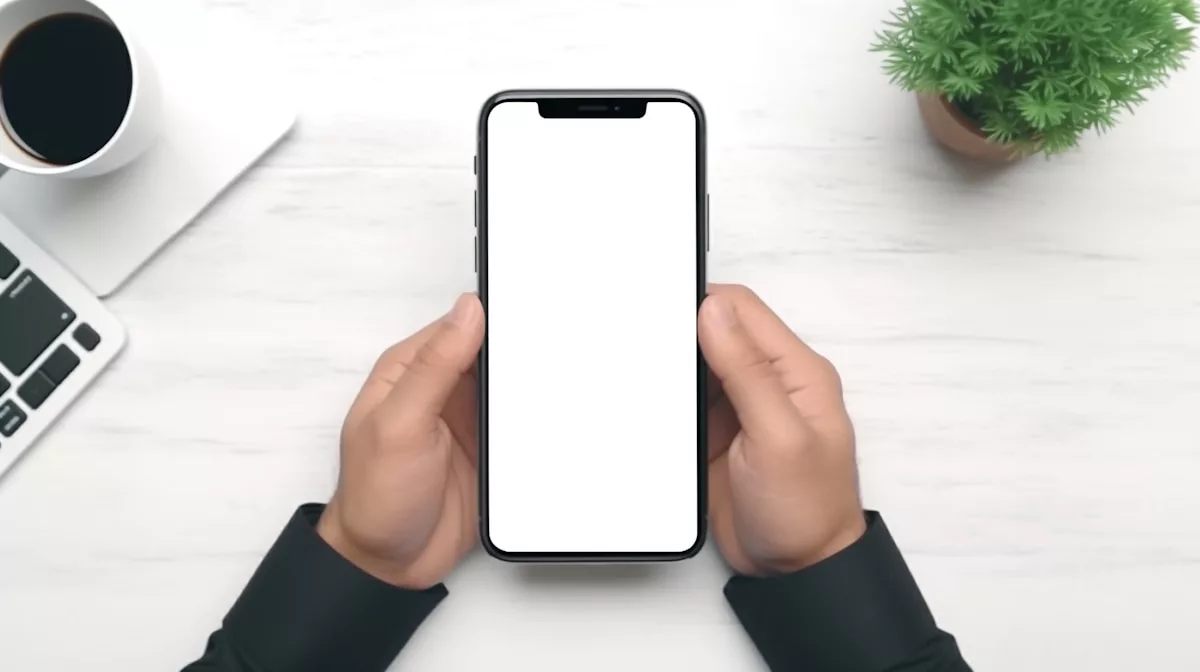 a person holding a phone with a white screen