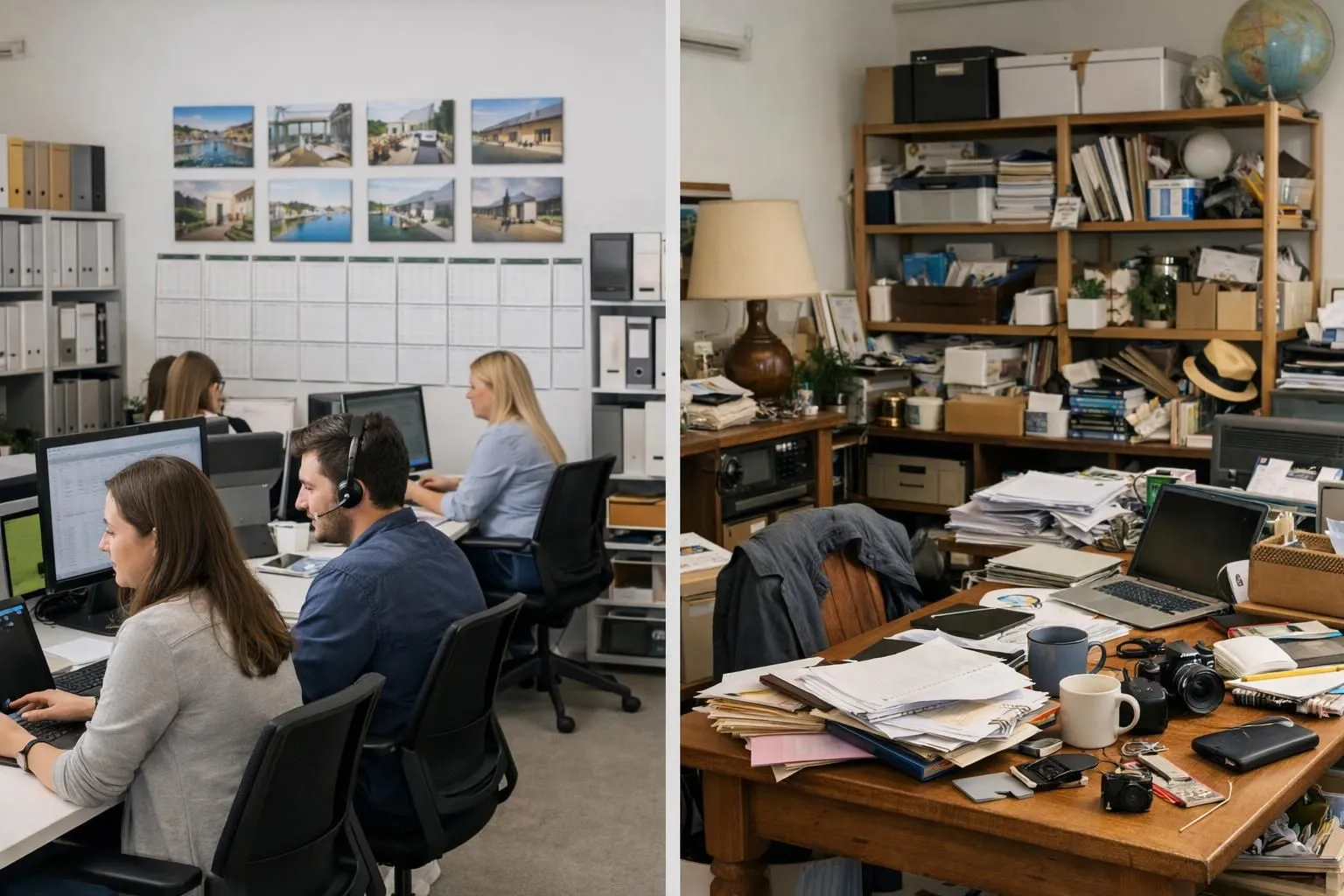 Split-screen comparison showing property owner overwhelmed with manual tasks (laptop, phone notifications, cleaning supplies cluttered) versus professional concierge team efficiently managing vacation rental operations through organized digital systems, in bright contemporary office setting with calendar and property photos visible