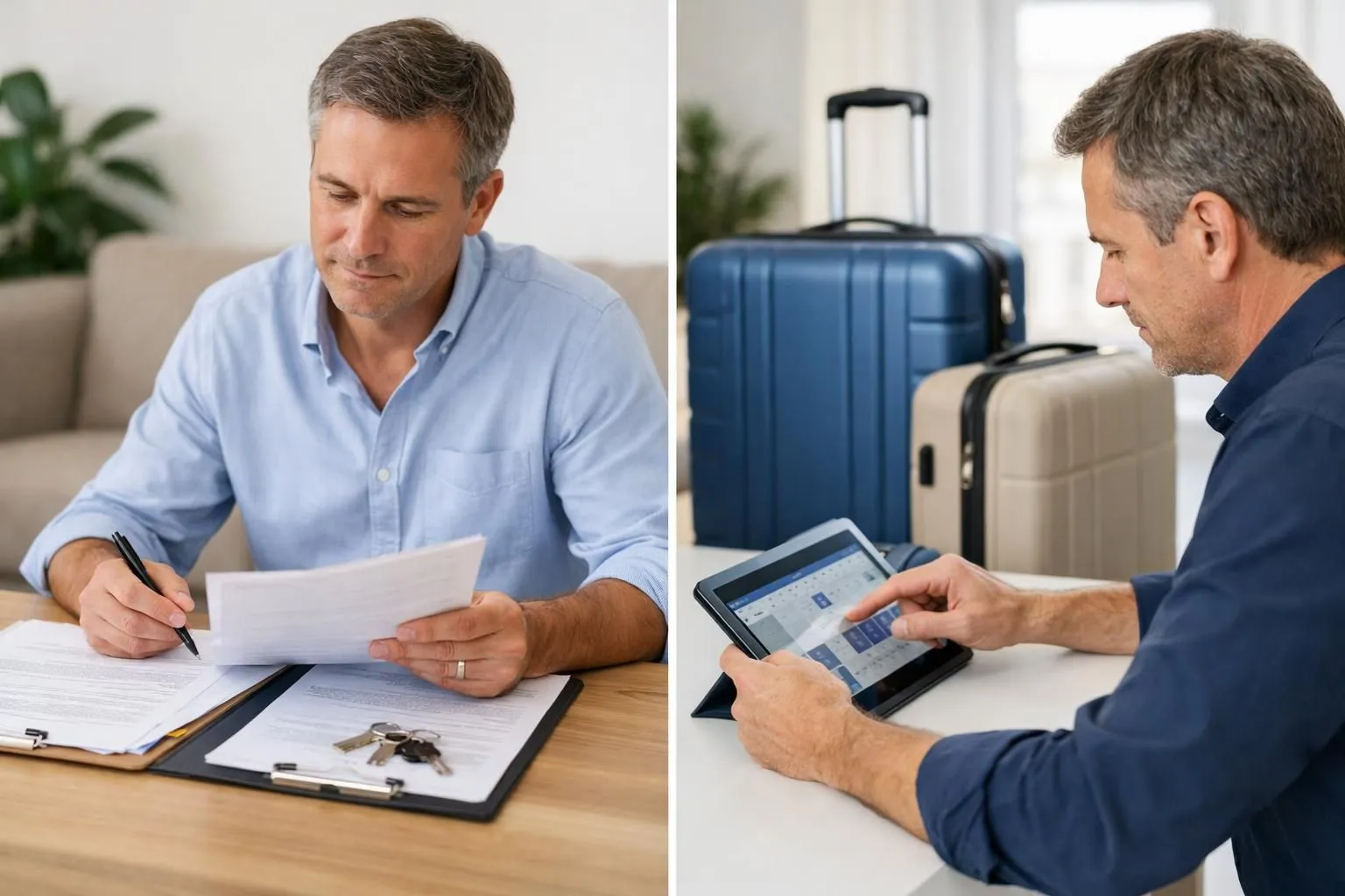 Split-screen visual showing two contrasting rental scenarios: on left side, a property owner reviewing documents with keys and rental contract for long-term tenant; on right side, different owner managing digital booking calendar on tablet with tourist suitcases nearby, symbolizing short-term vacation rental management in French property market