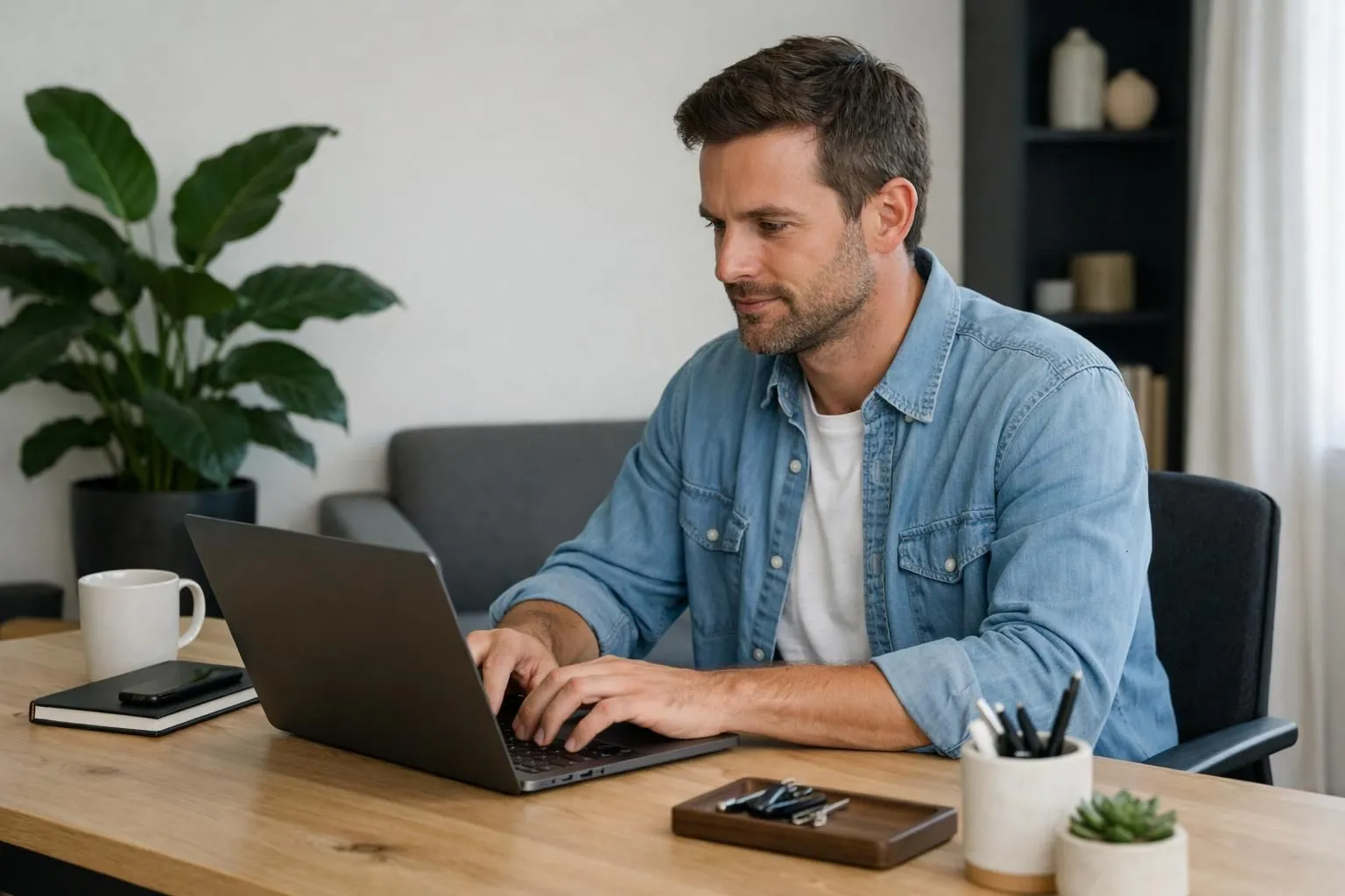 Professional vacation rental host working on laptop displaying property management dashboard with calendar and messaging interface, modern home office with houseplant and morning sunlight streaming through window, realistic business setting