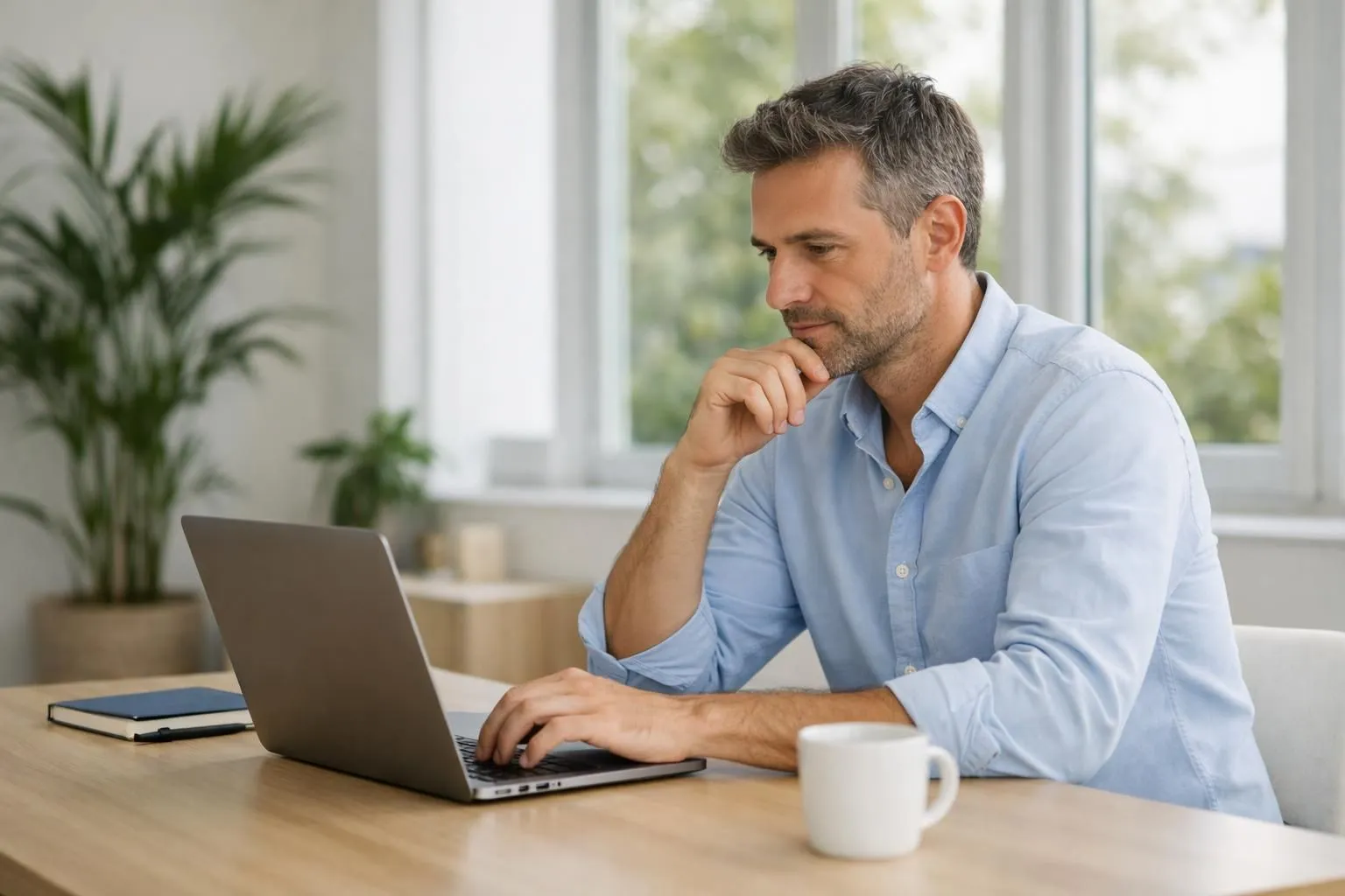 Modern French property owner sitting at sleek desk reviewing vacation rental analytics dashboard on laptop screen showing booking calendars and revenue graphs, bright contemporary apartment interior with houseplants and natural light streaming through large windows, professional yet relaxed atmosphere, realistic photography style