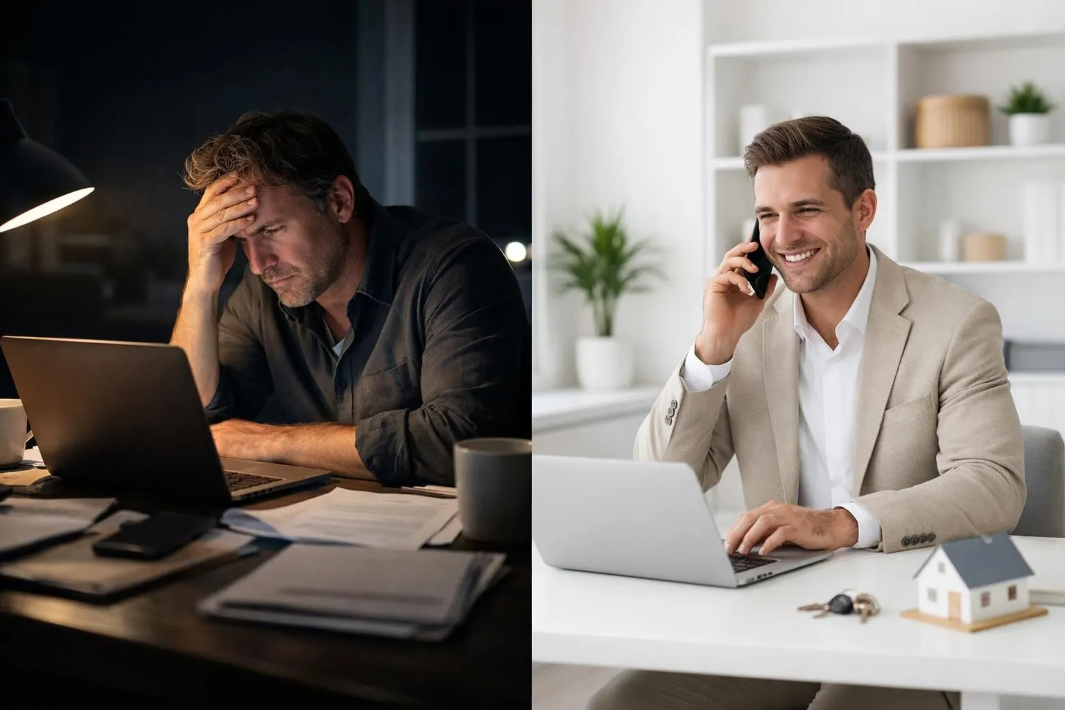 Property owner stressed at laptop reviewing multiple booking platforms late at night in dimly lit home office, calendar and phone showing notifications, contrasted with serene professional concierge managing rental on tablet in bright modern office