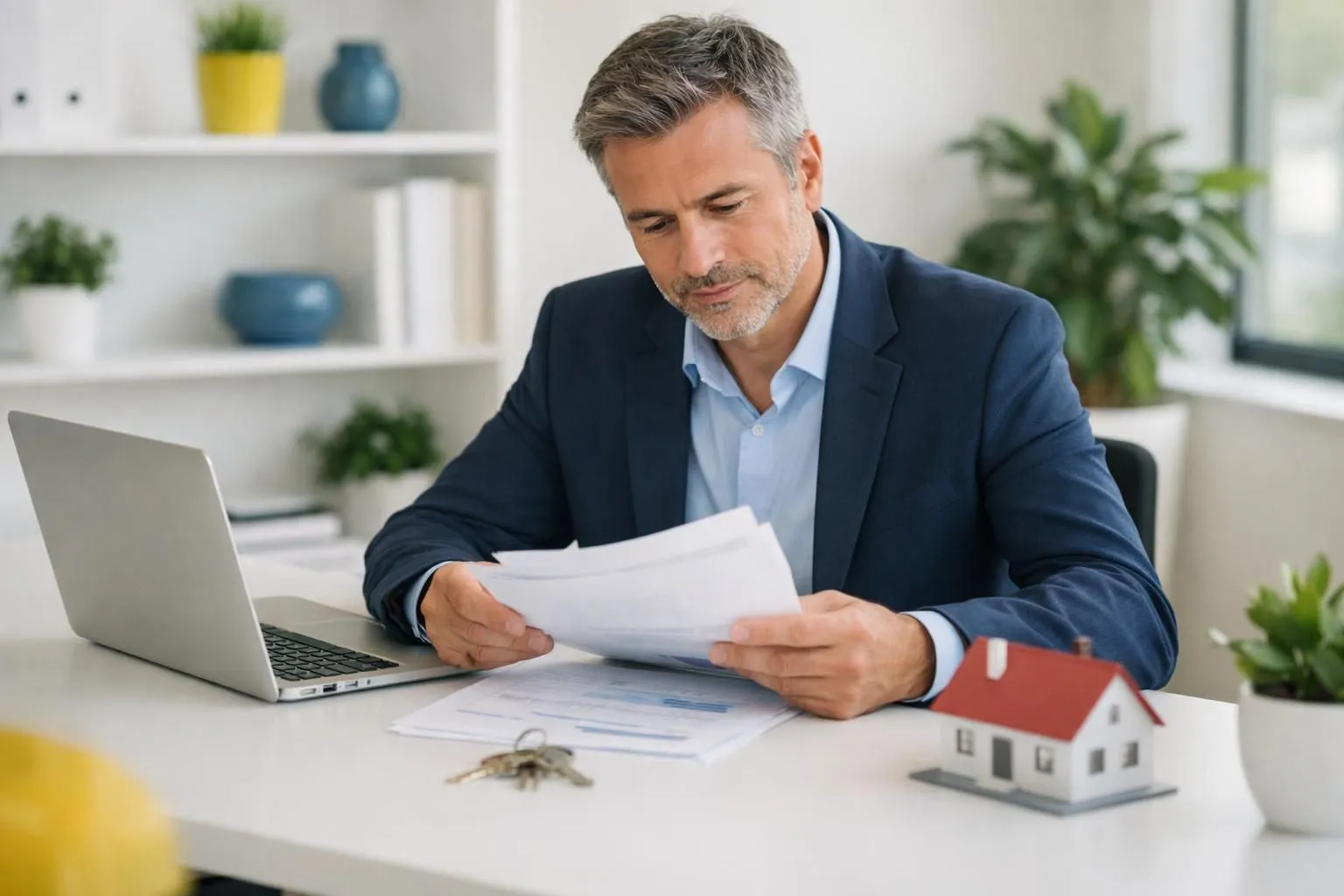 A professional property manager reviewing documents and pricing charts at a desk with a laptop showing rental performance graphs, alongside keys and a small model house, in a bright modern office setting with warm natural lighting