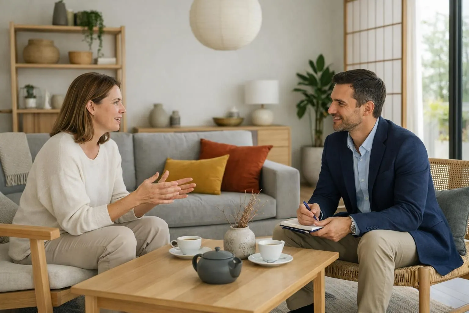 Professional property manager in modern French vacation rental reviewing pricing strategy on tablet, elegant japandi-style interior with natural light, owner shaking hands with conciergerie expert