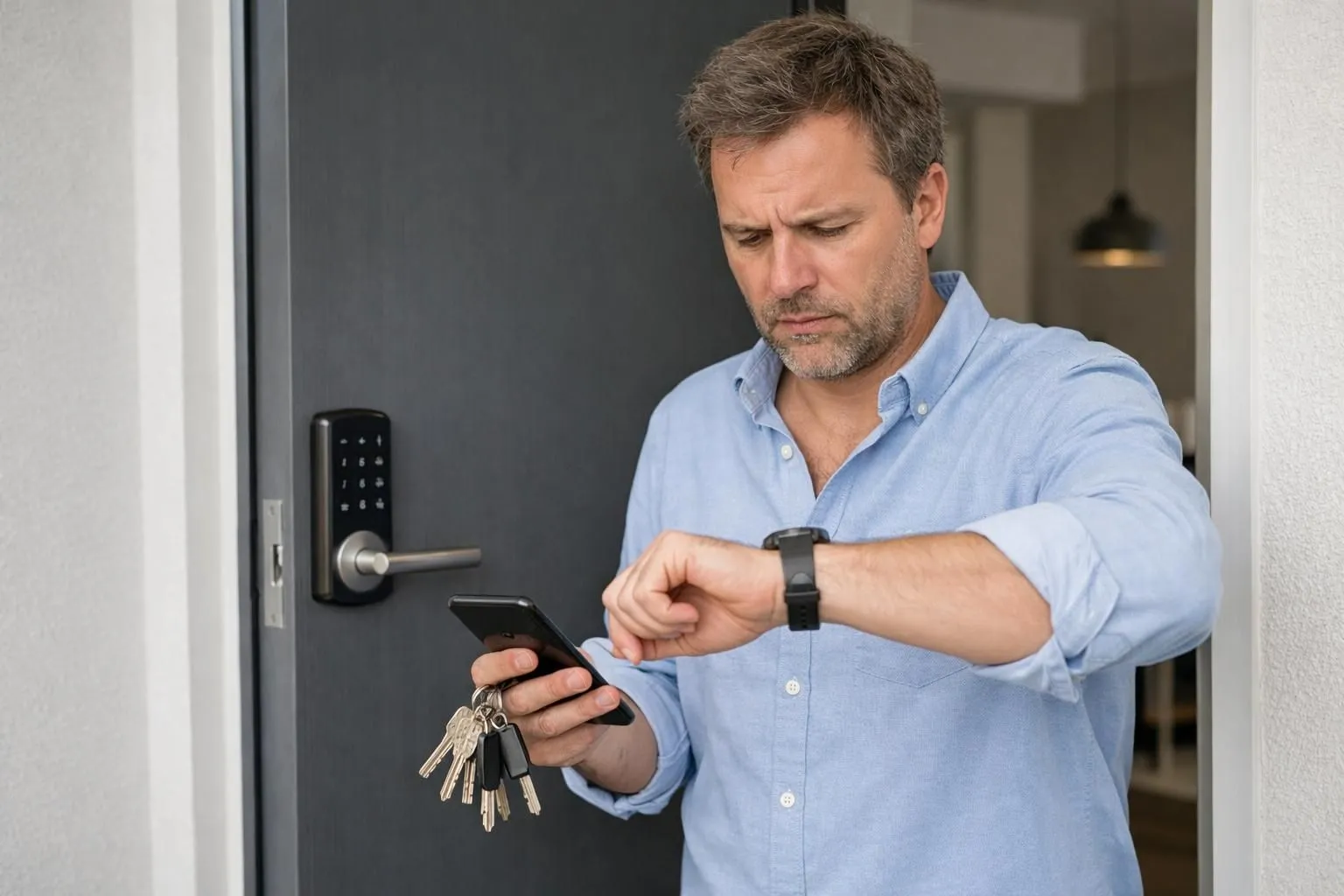 Property owner standing at apartment entrance holding multiple keys and smartphone, looking stressed while checking time, modern vacation rental door with keypad in background, realistic photography style showing operational challenges of short-term rental key management