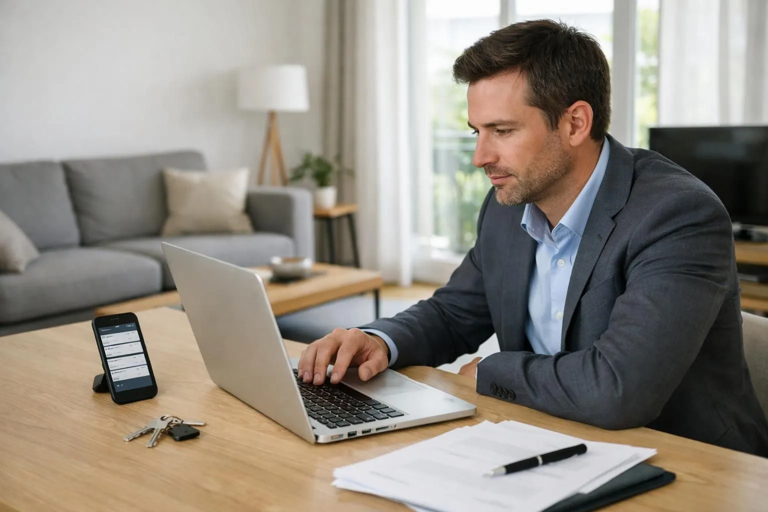 Professional property manager reviewing booking dashboard on laptop in modern apartment living room, smartphone displaying calendar notifications on desk, clean minimalist workspace with keys and documents, natural daylight through window