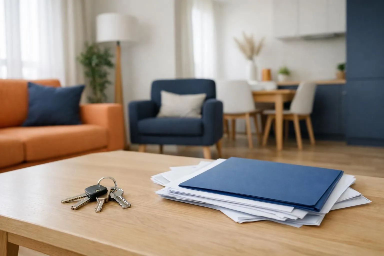 Modern furnished rental apartment interior with elegant furniture, wooden floors, keys on coffee table next to tax folder, natural daylight through windows, professional property management concept
