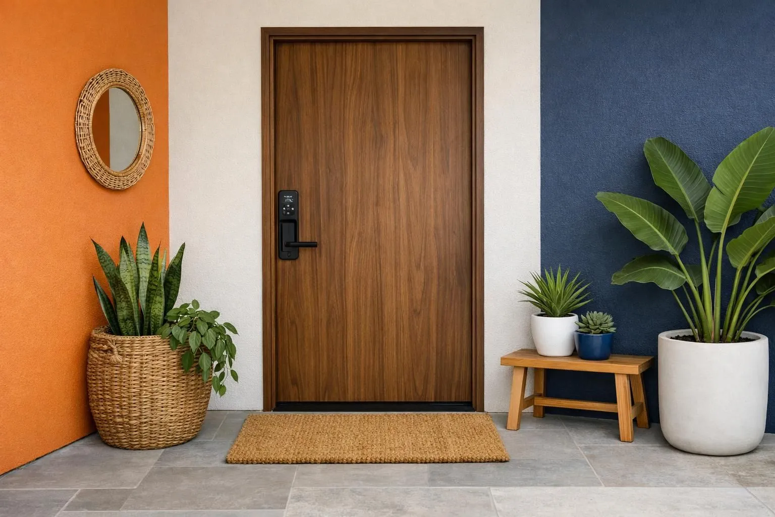 Modern French vacation rental entrance with electronic smart lock mounted on elegant wooden door, welcome mat, and potted plants creating inviting autonomous check-in atmosphere, no text visible