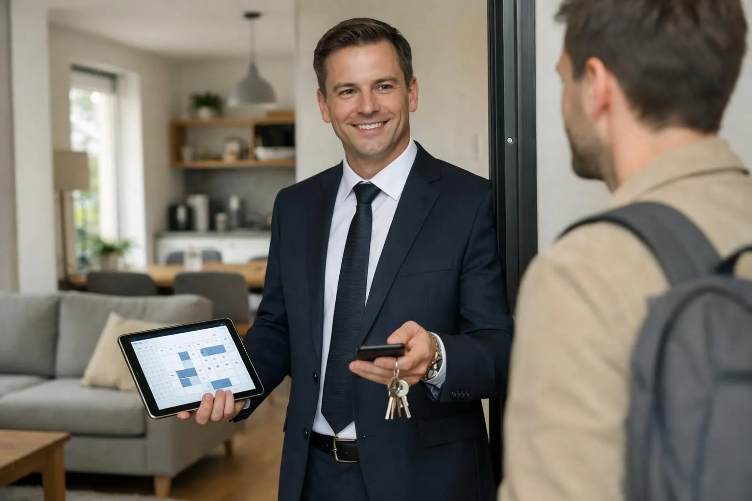 Professional concierge manager in modern apartment holding smartphone and house keys, welcoming guest at doorway with tablet showing booking calendar, warm natural lighting, realistic hospitality scene for short-term rental management