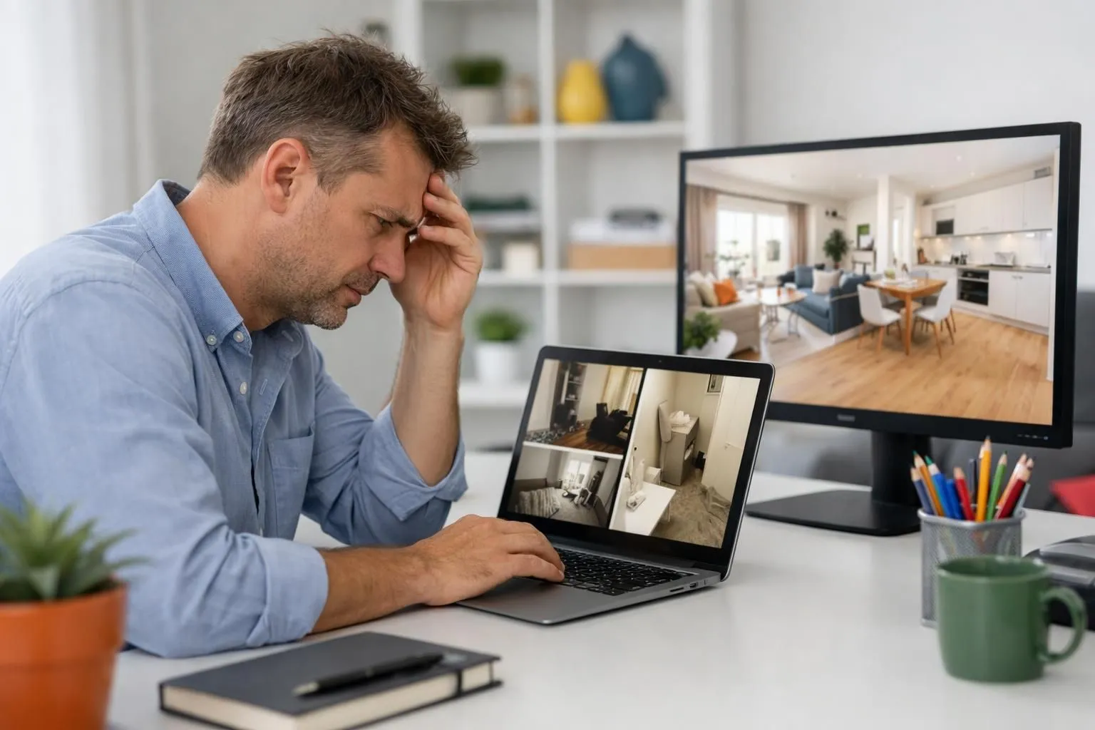 Property owner looking frustrated at laptop displaying poorly lit amateur Airbnb listing photos, contrasted with professional bright photos on second screen, modern home office desk setup