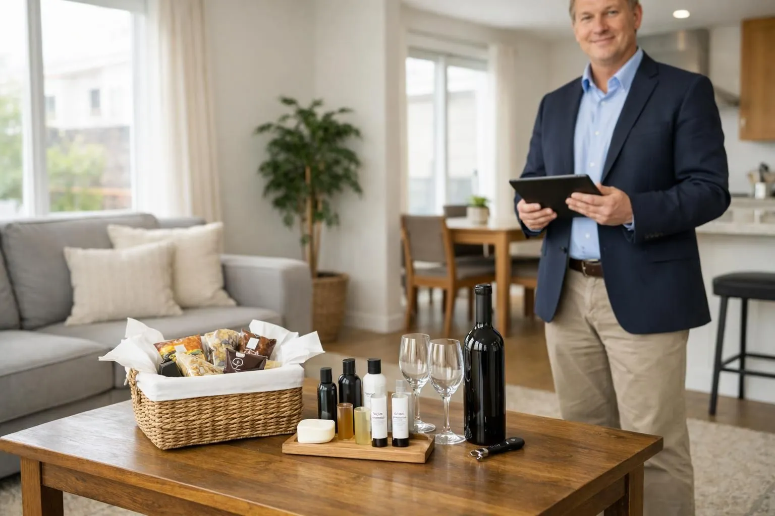 Bright vacation rental living room with elegant coffee table displaying curated welcome basket, premium toiletries, and local wine bottle, professional host standing nearby with tablet, natural lighting highlighting hospitality details