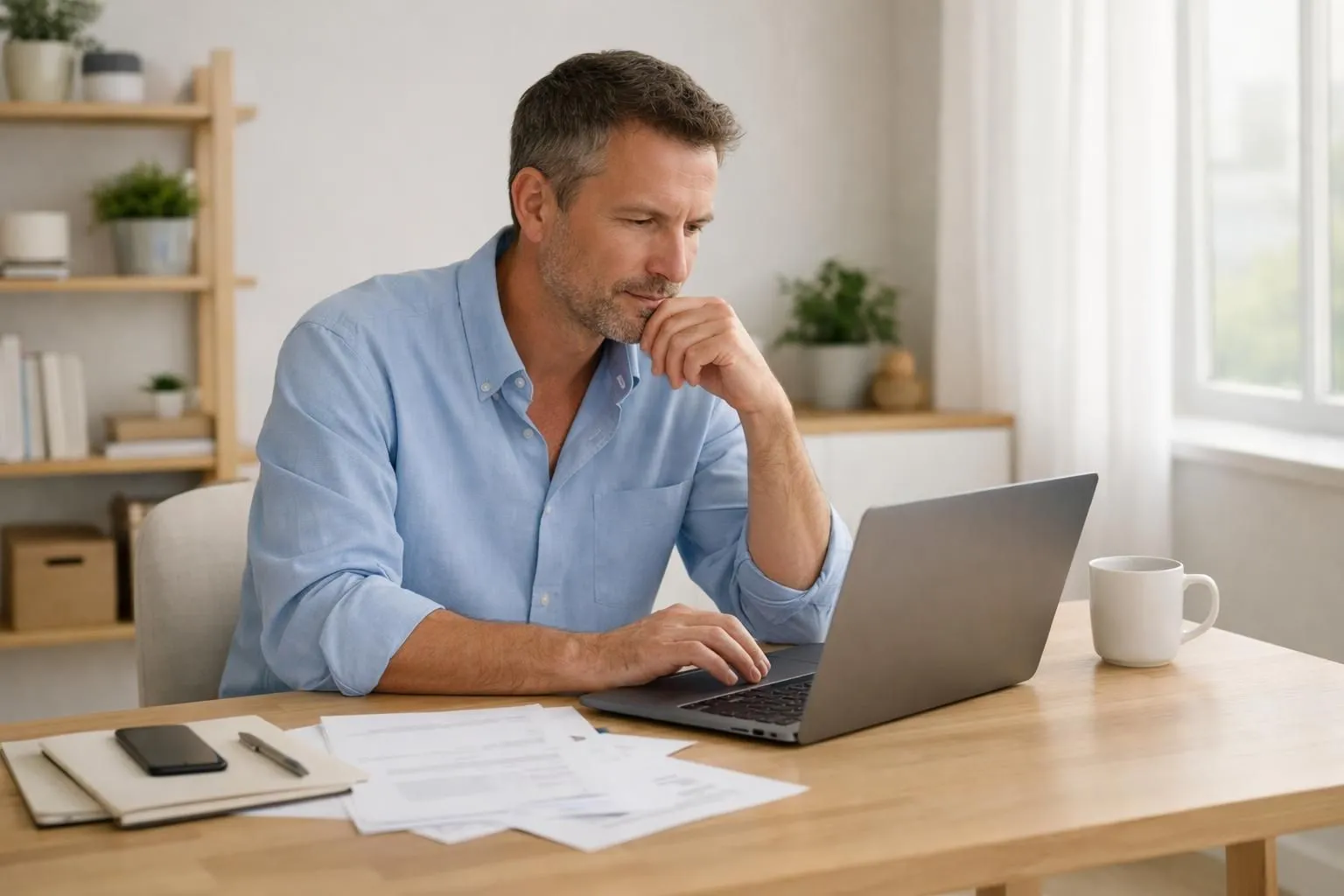 Professional property owner in casual business attire analyzing competitive rental data on modern laptop showing Airbnb listing comparison charts, bright home office with property management documents visible on desk, warm natural lighting through window